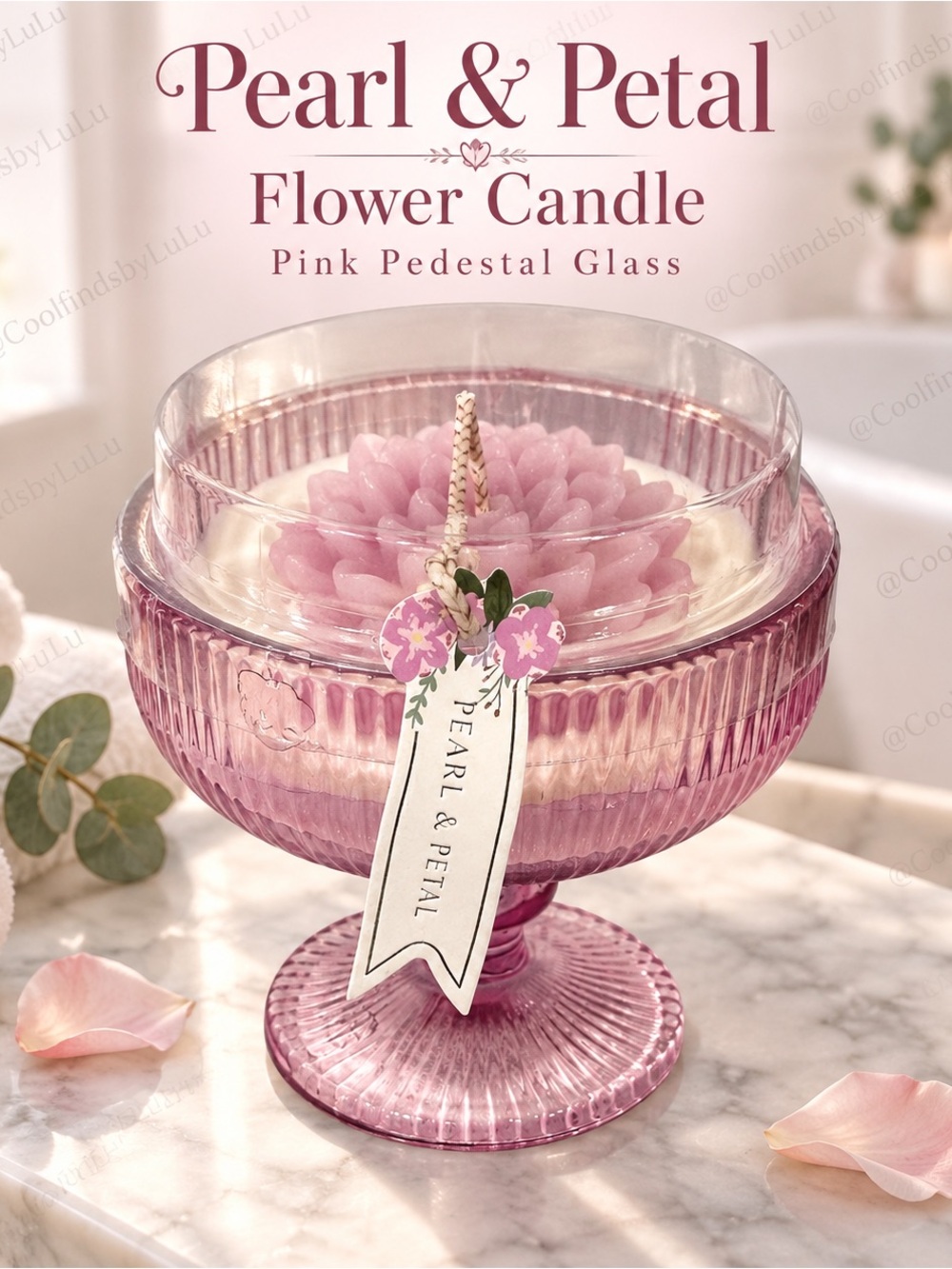 Pearl & Petal Pink Flower Candle in Pedestal Glass